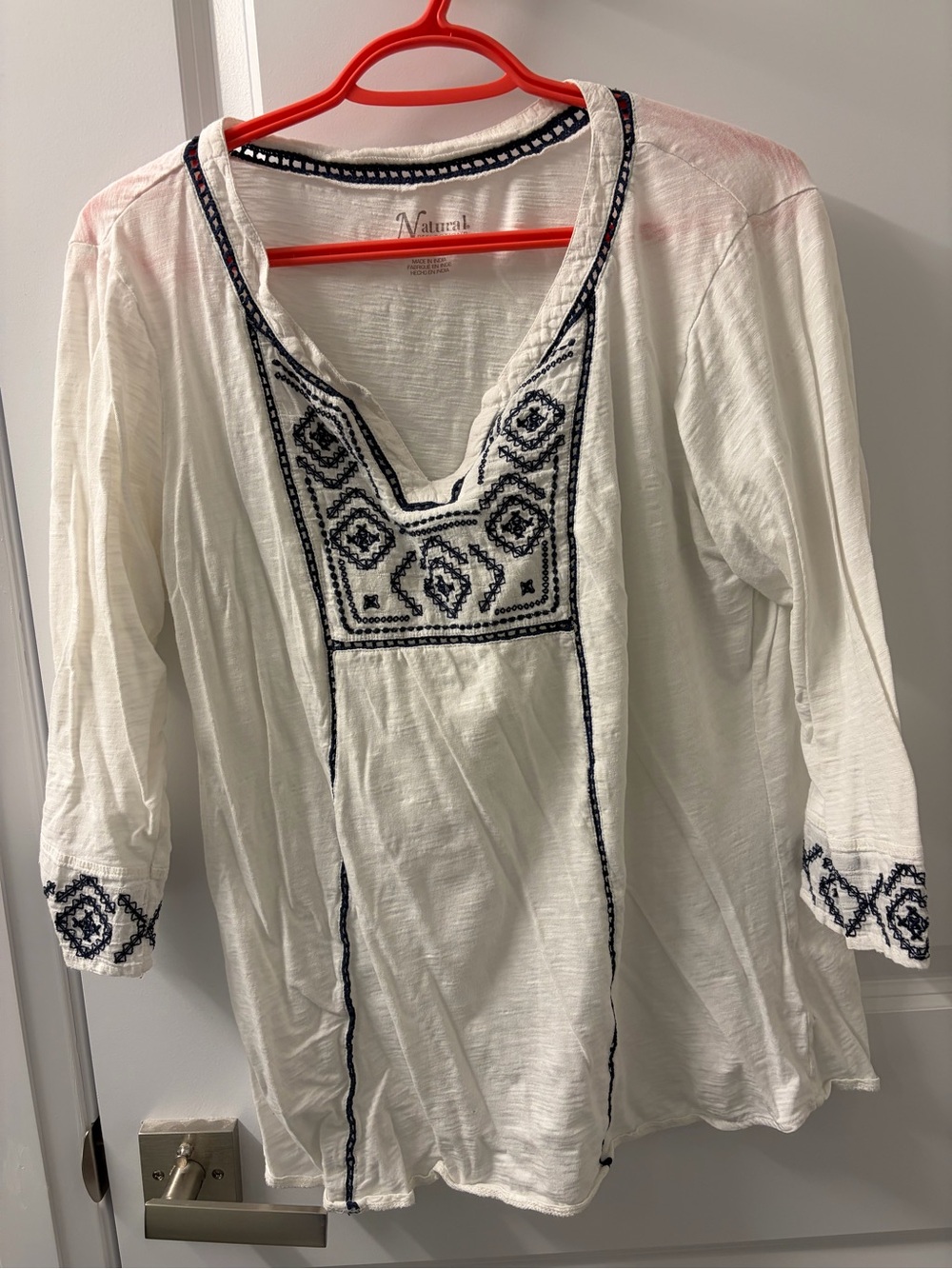 Natural Reflections White Tunic with Navy Embroidery